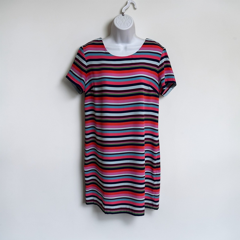 Cynthia Rowley Shift Dress Size 8 Multicolor Striped Short Sleeve Zip Back - Picture 2 of 8